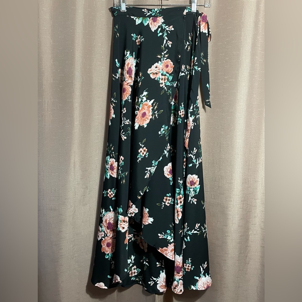 BOG Collective Small Floral Maxi Wrap Skirt - Black and Pink GUC